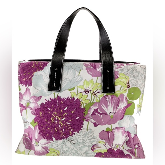 Rare Burberry London Floral Pattern Canvas & Leather Tote Bag EUC - Picture 4 of 13